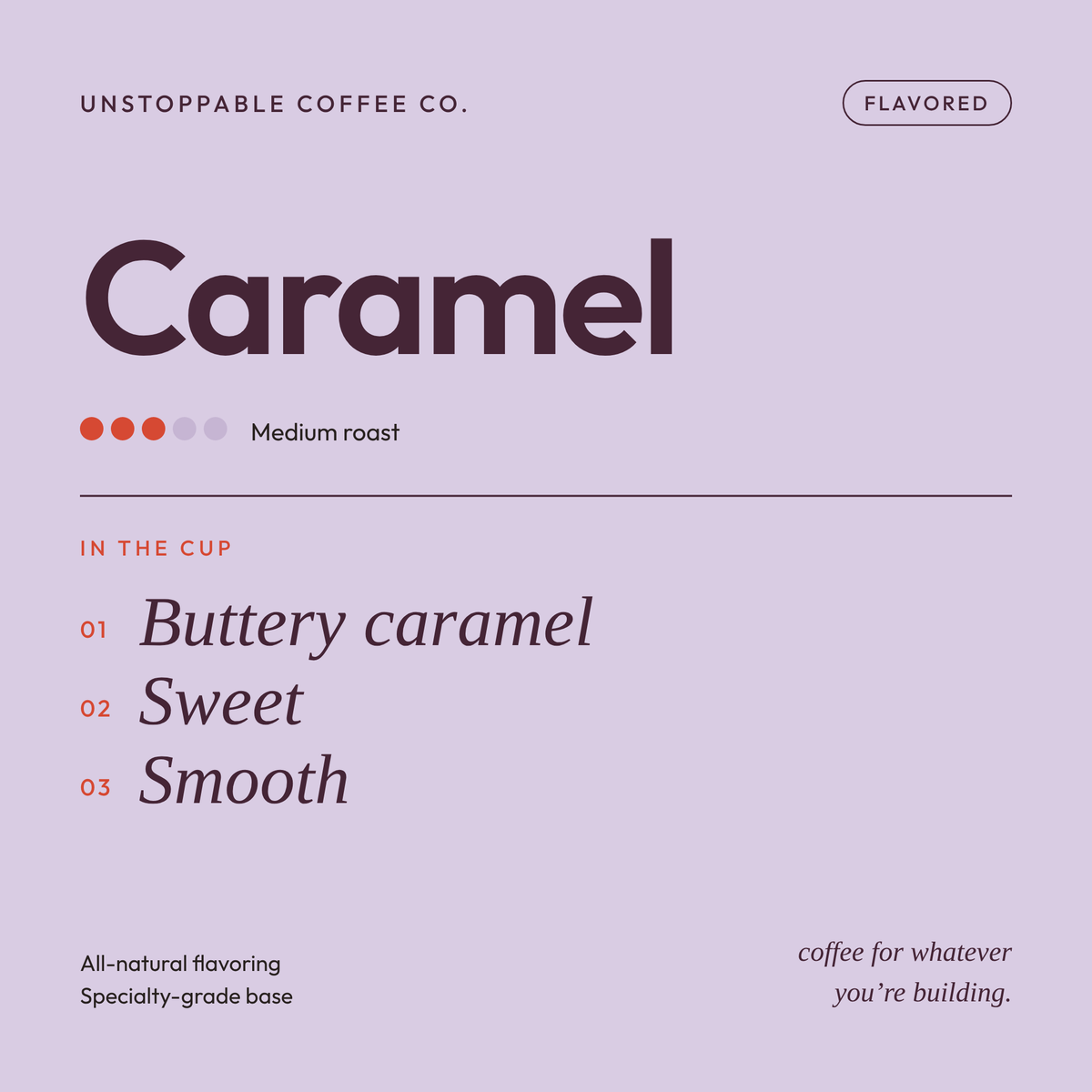 Caramel tasting card: medium roast, flavored coffee with notes of buttery caramel, sweet and smooth