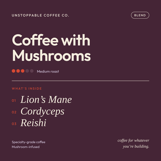 Coffee with Mushrooms tasting card: medium roast specialty coffee infused with Lion's Mane, Cordyceps and Reishi mushrooms