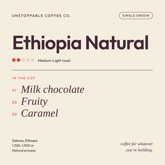 Ethiopia Natural tasting card: medium-light roast single origin from Sidama with notes of milk chocolate, fruit and caramel