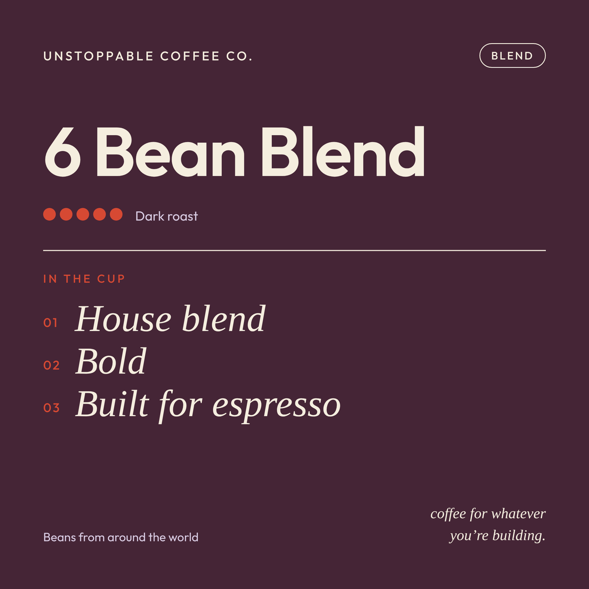 6 Bean Blend tasting card: dark roast house blend, bold and built for espresso