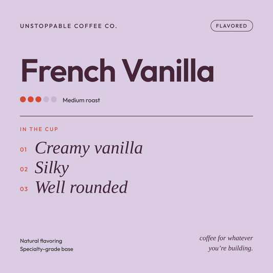 French Vanilla tasting card: medium roast, flavored coffee with notes of creamy vanilla, silky and well rounded