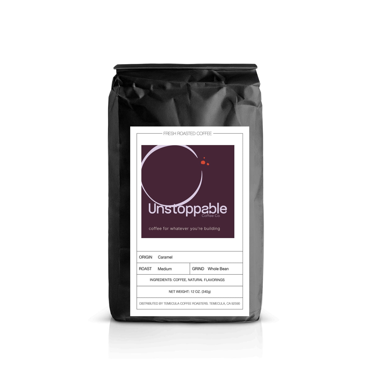 Caramel coffee in a black Unstoppable Coffee Co. bag with a plum label