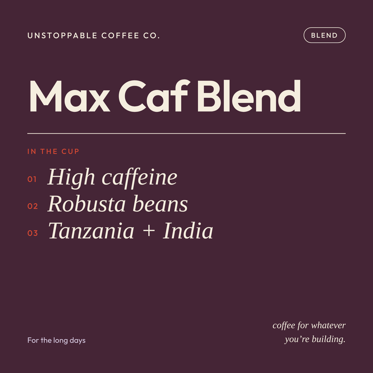 Max Caf Blend tasting card: high caffeine blend of Tanzania and India Robusta beans