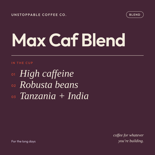 Max Caf Blend tasting card: high caffeine blend of Tanzania and India Robusta beans