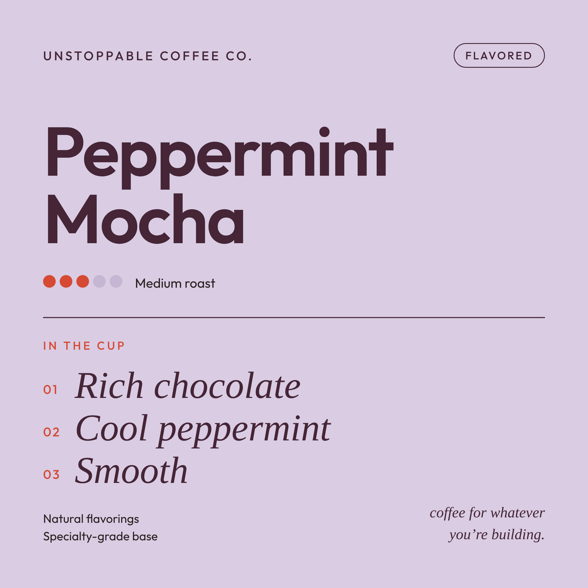 Peppermint Mocha tasting card: medium roast, flavored coffee with notes of rich chocolate, cool peppermint and a smooth finish