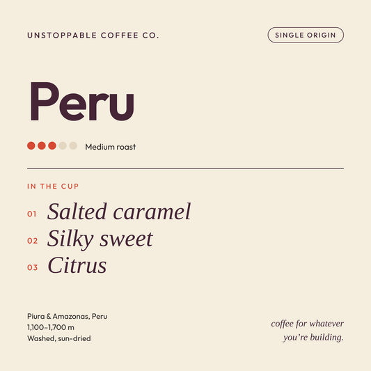 Peru tasting card: medium roast single origin from Piura and Amazonas with notes of salted caramel, silky sweetness and citrus