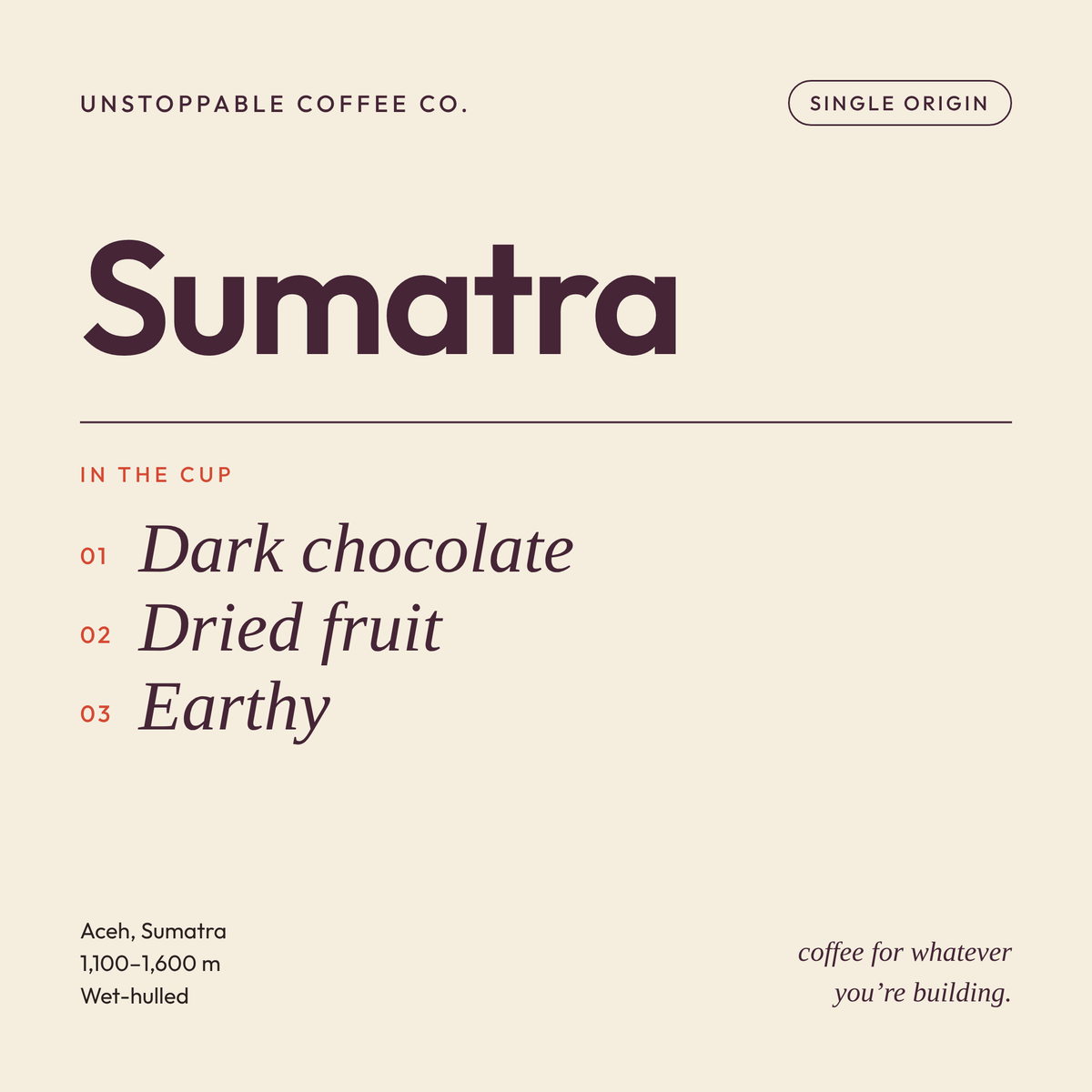 Sumatra tasting card: single origin from Aceh, Sumatra with notes of dark chocolate, dried fruit and earthy depth